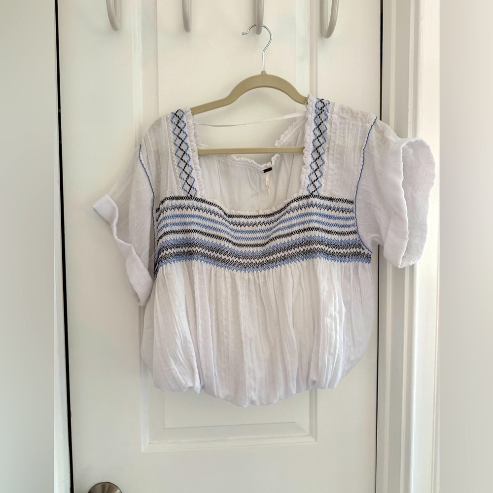 Free People Top With Blue Embroidery Detail